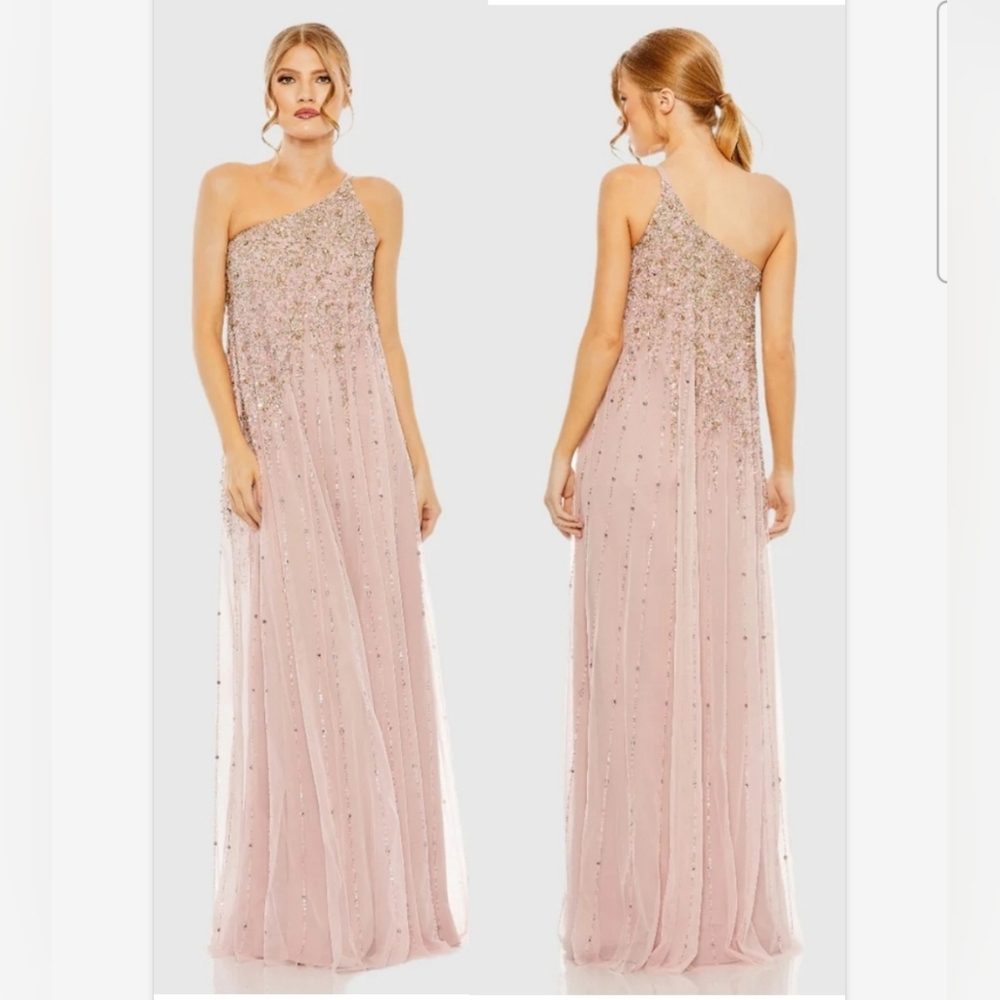 Mac Duggal One Shoulder Embellished Trapeze A Line Gown Porcelain Gold SZ 8 NWT